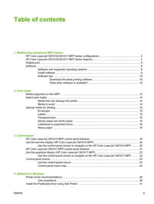 Page 5Table of contents
1  Multifunction peripheral (MFP) basics
HP Color LaserJet CM1015/CM1017 MFP Series configurations ........................................................ 2
HP Color LaserJet CM1015/CM1017 MFP Series features ................................................................. 3
Walkaround .......................................................................................................................................... 5
Software...