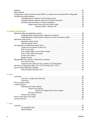 Page 6Software ............................................................................................................................................. 32
Other software .................................................................................................................................... 33
Change from a direct-connected shared MFP to a network port-connected MFP configuration ........ 34
Uninstall the printing software...