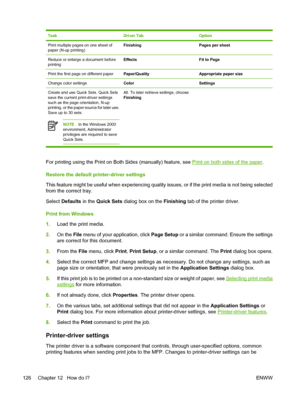 Page 140TaskDriver TabOption
Print multiple pages on one sheet of
paper (N-up printing)FinishingPages per sheet
Reduce or enlarge a document before
printingEffectsFit to Page
Print the first page on different paperPaper/QualityAppropriate paper size
Change color settingsColorSettings
Create and use Quick Sets. Quick Sets
save the current print-driver settings
such as the page orientation, N-up
printing, or the paper source for later use.
Save up to 30 sets.
NOTEIn the Windows 2000
environment, Administrator...