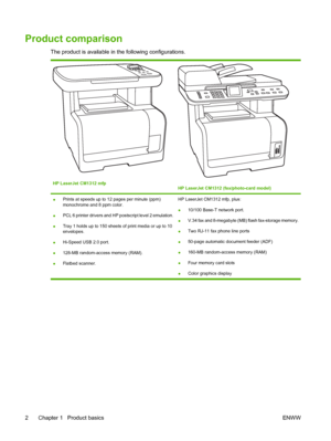 Page 14Product comparison
The product is available in the following configurations.
HP LaserJet CM1312 mfpHP LaserJet CM1312 (fax/photo-card model)
●Prints at speeds up to 12 pages per minute (ppm)
monochrome and 8 ppm color.
●PCL 6 printer drivers and HP postscript level 2 emulation.
●Tray 1 holds up to 150 sheets of print media or up to 10
envelopes.
●Hi-Speed USB 2.0 port.
●128-MB random-access memory (RAM).
●Flatbed scanner.HP LaserJet CM1312 mfp, plus:
●10/100 Base-T network port.
●V.34 fax and 8-megabyte...