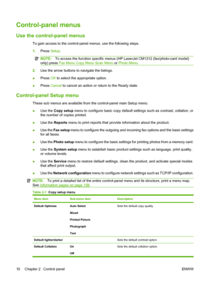 Page 22Control-panel menus
Use the control-panel menus
To gain access to the control-panel menus, use the following steps.
1.Press Setup.
NOTE:To access the function specific menus (HP LaserJet CM1312 (fax/photo-card model)
only) press Fax Menu Copy Menu Scan Menu or Photo Menu.
2.Use the arrow buttons to navigate the listings.
●Press OK to select the appropriate option.
●Press Cancel to cancel an action or return to the Ready state.
Control-panel Setup menu
These sub menus are available from the control-panel...