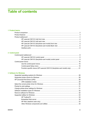 Page 5Table of contents
1  Product basics
Product comparison ............................................................................................................................. 2
Product features ................................................................................................................................... 3
Product walkaround .............................................................................................................................. 4
HP LaserJet CM1312 mfp...