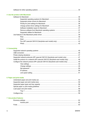 Page 6Software for other operating systems ................................................................................................. 34
4  Use the product with Macintosh
Software for Macintosh ....................................................................................................................... 36
Supported operating systems for Macintosh ..................................................................... 36
Supported printer drivers for Macintosh...