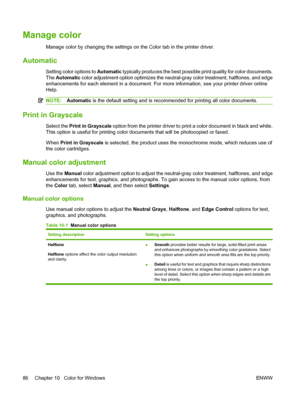 Page 98Manage color
Manage color by changing the settings on the Color tab in the printer driver.
Automatic
Setting color options to Automatic typically produces the best possible print quality for color documents.
The Automatic color adjustment option optimizes the neutral-gray color treatment, halftones, and edge
enhancements for each element in a document. For more information, see your printer driver online
Help.
NOTE:Automatic is the default setting and is recommended for printing all color documents....