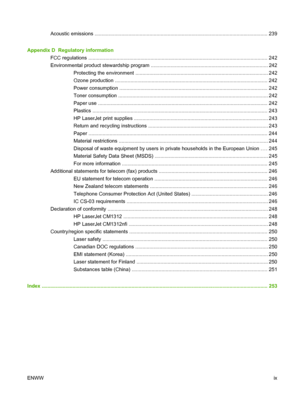 Page 11Acoustic emissions ........................................................................................................................... 239
Appendix D  Regulatory information
FCC regulations ............................................................................................................................... 242
Environmental product stewardship program ................................................................................... 242
Protecting the environment...