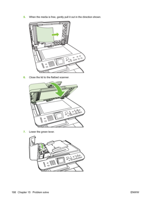 Page 2105.When the media is free, gently pull it out in the direction shown.
6.Close the lid to the flatbed scanner.
7.Lower the green lever.
198 Chapter 15   Problem solve ENWW
 