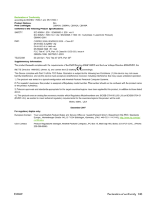 Page 261Declaration of Conformity
according to ISO/IEC 17050-1 and EN 17050-1
Product Options:ALL
Print Cartridges:CB540A, CB541A, CB542A, CB543A
conforms to the following Product Specifications:
SAFETY: IEC 60950-1:2001 / EN60950-1: 2001 +A11
IEC 60825-1:1993 +A1 +A2 / EN 60825-1:1994 +A1 +A2 (Class 1 Laser/LED Product)
GB4943-2001
EMC:
CISPR22:2005 / EN55022:2006 – Class B
1)
EN 61000-3-2:2000 +A2
EN 61000-3-3:1995 +A1
EN 55024:1998 +A1 +A2
FCC Title 47 CFR, Part 15 Class B / ICES-003, Issue 4
GB9254-1998,...