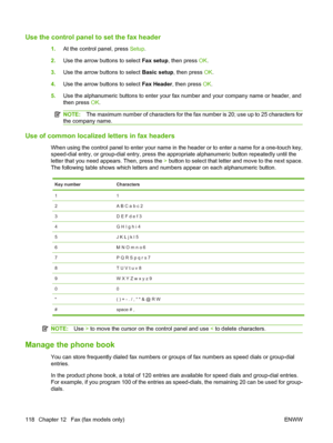 Page 130
Use the control panel to set the fax header
1.At the control panel, press  Setup.
2. Use the arrow buttons to select  Fax setup, then press  OK.
3. Use the arrow buttons to select  Basic setup, then press OK.
4. Use the arrow buttons to select  Fax Header, then press  OK.
5. Use the alphanumeric buttons to enter your fax number and your company name or header, and
then press  OK.
NOTE: The maximum number of characters for the fax number is 20; use up to 25 characters for
the company name.
Use of common...