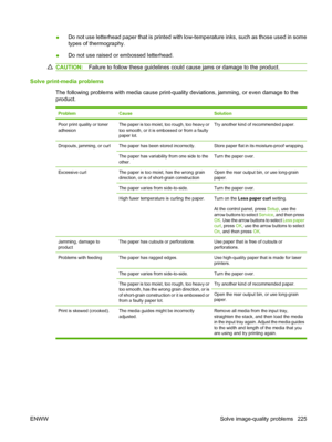 Page 237
●Do not use letterhead paper that is printed with low-temperature inks, such as those used in some
types of thermography.
● Do not use raised or embossed letterhead.
CAUTION:
Failure to follow these guidelines could cause jams or damage to the product.
Solve print-media problems
The following problems with media cause print-quality deviations, jamming, or even damage to the
product.
ProblemCauseSolution
Poor print quality or toner
adhesionThe paper is too moist, too rough, too heavy or
too smooth, or it...