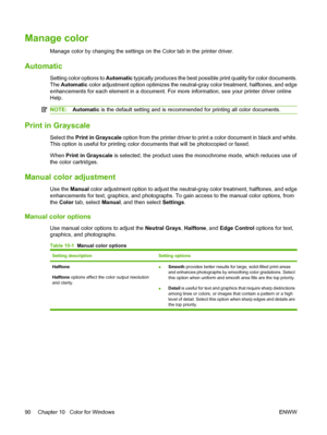 Page 102
Manage color
Manage color by changing the settings on the Color tab in the printer driver.
Automatic
Setting color options to Automatic typically produces the best possible print quality for color documents.
The  Automatic  color adjustment option optimizes the neutral-gray color treatment, halftones, and edge
enhancements for each element in a document. For more information, see your printer driver online
Help.
NOTE: Automatic  is the default setting and is recommended for printing all color...