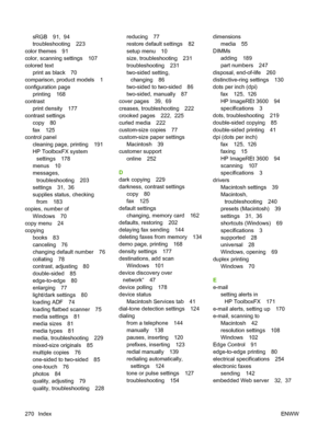 Page 282
sRGB 91,  94
troubleshooting 223
color themes 91
color, scanning settings 107
colored text print as black 70
comparison, product models 1
configuration page printing 168
contrast
print density 177
contrast settings copy 80
fax 125
control panel cleaning page, printing 191
HP ToolboxFX system
settings 178
menus 10
messages,
troubleshooting 203
settings 31,  36
supplies status, checking
from 183
copies, number of
Windows 70
copy menu 24
copying
books 83
canceling 76
changing default number 76
collating...