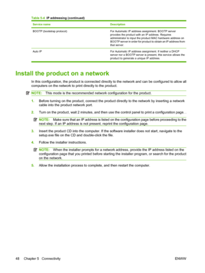 Page 60
Service nameDescription
BOOTP (bootstrap protocol)For Automatic IP address assignment. BOOTP server
provides the product with an IP address. Requires
administrator to input the product MAC hardware address on
BOOTP server in order for product to obtain an IP address from
that server.
Auto IP For Automatic IP address assignment. If neither a DHCPserver nor a BOOTP server is present, this service allows the
product to generate a unique IP address.
Install the product on a network
In this configuration,...