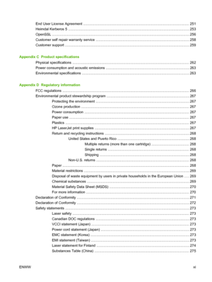 Page 13End User License Agreement .......................................................................................................... 251
Heimdal Kerberos 5 ............................................................................................................ .............. 253
OpenSSL ....................................................................................................................... ................... 256
Customer self repair warranty service...