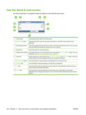 Page 166Use the Send E-mail screen
Use the touchscreen to navigate through the options on the Send E-mail screen.
HP LaserJet  
2134
10
8
7
9
5
6
1Home buttonTouching this button opens the Home screen.
2Send E-mail buttonTouching this button scans the document and sends an e-mail file to the provided e-mail
addresses.
3Error/warning buttonThis button appears only when there is an error or wa rning in the status line area. Touch it to open
a pop-up screen that will help you resolve the error or warning.
4Help...