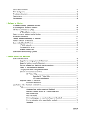 Page 6Device Behavior menu ....................................................................................................................... 44
Print Quality menu ............................................................................................................ .................. 48
Troubleshooting menu .......................................................................................................... .............. 52
Resets menu...