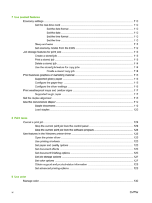 Page 87  Use product featuresEconomy settings .............................................................................................................. ............... 110
Set the real-time clock ..................................................................................................... 1 10
Set the date format .......................................................................................... 110
Set the date...