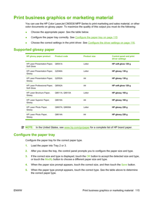 Page 129Print business graphics or marketing material
You can use the HP Color LaserJet CM3530 MFP Series to print marketing and sales material, or other
color documents on glossy paper. To maximize the quality of this output you must do the following:
●Choose the appropriate paper. See the table below.
● Configure the paper tray correctly. See 
Configure the paper tray on page 115
● Choose the correct settings in the print driver. See 
Configure the driver settings on page 116.
Supported glossy paper
HP glossy...