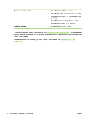 Page 80Supported operating systems●Microsoft® Windows 2000, Service Pack 4
● Microsoft Windows XP, Service Pack 2 (32-bit and 64-bit)
● Microsoft Windows Server 2003, Service Pack 1 (32-bit
and 64-bit)
● Microsoft Windows Server 2008 (32-bit and 64-bit)
● Microsoft Windows Vista™ (32-bit and 64-bit)
Supported browsers
●Microsoft Internet Explorer 6.0 or 7.0
To download HP Easy Printer Care software , go to www.hp.com/go/easyprintercare
. This Web site also
provides updated information about supported browsers...