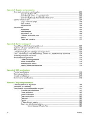 Page 14Appendix A  Supplies and accessories
Order parts, accessories, and supplies ............................................................................................  296
Order directly from HP .....................................................................................................  296
Order through service or support providers .....................................................................  296
Order directly through the embedded Web server...