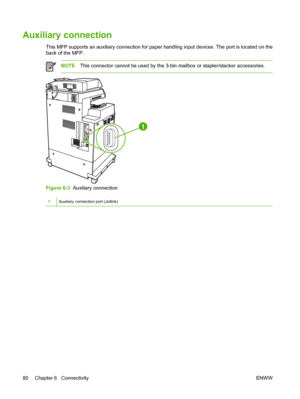 Page 96
Auxiliary connection
This MFP supports an auxiliary connection for paper handling input devices. The port is located on the
back of the MFP.
NOTE This connector cannot be used by the 3- bin mailbox or stapler/stacker accessories.
Figure 6-3  Auxiliary connection
1Auxiliary connection port (Jetlink)
80 Chapter 6   Connectivity ENWW
 