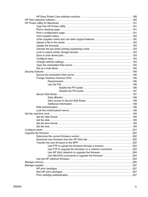 Page 11HP Easy Printer Care software sections .......................................................................... 188
HP Web Jetadmin software .............................................................................................................. 190
HP Printer Utility for Macintosh ........................................................................................................ 191
Open the HP Printer Utility...