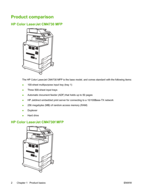 Page 18Product comparison
HP Color LaserJet CM4730 MFP
The HP Color LaserJet CM4730 MFP is the base model, and comes standard with the following items:
●100-sheet multipurpose input tray (tray 1)
●Three 500-sheet input trays
●Automatic document feeder (ADF) that holds up to 50 pages
●HP Jetdirect embedded print server for connecting to a 10/100Base-TX network
●256 megabytes (MB) of random access memory (RAM)
●Duplexer
●Hard drive
HP Color LaserJet CM4730f MFP
2 Chapter 1   Product basicsENWW
 