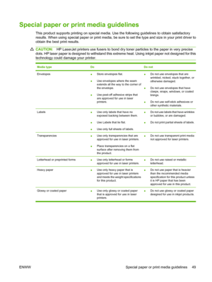 Page 59
Special paper or print media guidelines
This product supports printing on special media. Use the following guidelines to obtain satisfactory
results. When using special paper or print media, be sure to set the type and size in your print driver to
obtain the best print results.
CAUTION: HP LaserJet printers use fusers to bond dry  toner particles to the paper in very precise
dots. HP laser paper is designed to withstand this  extreme heat. Using inkjet paper not designed for this
technology could damage...