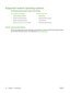 Page 44Supported network operating systems
The following operating systems support network printing:
Full software installation
●Windows 2003 Server (64-bit)
●Windows XP (32-bit and 64-bit)
●Windows Vista (32-bit and 64-bit)
●Mac OS X V10.2.8, V10.3, V10.4 and later
Printer driver only
●Windows 2000
●Windows 2003 Server (32-bit)
●Linux (Web only)
●UNIX model scripts (Web only)
Printer sharing disclaimer
HP does not support peer-to-peer networking, as the feature is a function of Microsoft operating systems
and...