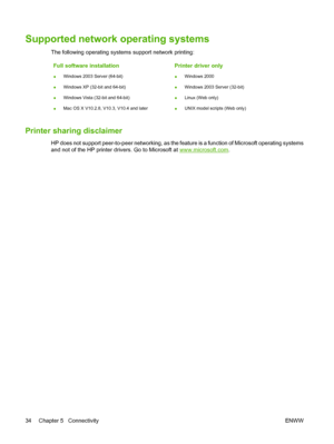 Page 44Supported network operating systems
The following operating systems support network printing:
Full software installation
●Windows 2003 Server (64-bit)
●Windows XP (32-bit and 64-bit)
●Windows Vista (32-bit and 64-bit)
●Mac OS X V10.2.8, V10.3, V10.4 and later
Printer driver only
●Windows 2000
●Windows 2003 Server (32-bit)
●Linux (Web only)
●UNIX model scripts (Web only)
Printer sharing disclaimer
HP does not support peer-to-peer networking, as the feature is a function of Microsoft operating systems
and...