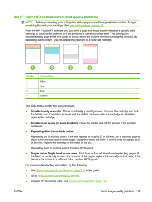 Page 127Use HP ToolboxFX to troubleshoot print-quality problems 
NOTE:Before proceeding, print a Supplies status page to see the approximate number of pages
remaining for each print cartridge. See 
Information pages on page 68.
From the HP ToolboxFX software you can print a page that helps identify whether a specific print
cartridge is causing the problem, or if the problem is with the product itself. The print-quality
troubleshooting page prints five bands of color, which are divided into four overlapping...