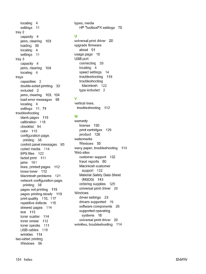 Page 164locating 4
settings 11
tray 2
capacity 4
jams, clearing 103
loading 50
locating 4
settings 11
tray 3
capacity 4
jams, clearing 104
locating 4
trays
capacities 2
double-sided printing 32
included 2
jams, clearing 103,  104
load error messages 98
locating 4
settings 11,  74
troubleshooting
blank pages 119
calibration 118
checklist 94
color 115
configuration page,
printing 38
control panel messages 95
curled media 114
EPS files 122
faded print 111
jams 101
lines, printed pages 112
loose toner 112
Macintosh...