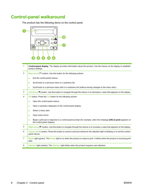 Page 18Control-panel walkaround
The product has the following items on the control panel.
!
1Control-panel display: The display provides information about the product. Use the menus on the display to establish
product settings.
2Back arrow () button: Use this button for the following actions:
●Exit the control-panel menus.
●Scroll back to a previous menu in a submenu list.
●Scroll back to a previous menu item in a submenu list (without saving changes to the menu item).
3Left arrow () button: Use this button to...