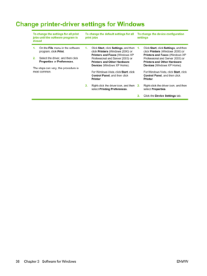 Page 50Change printer-driver settings for Windows
To change the settings for all print
jobs until the software program is
closedTo change the default settings for all
print jobsTo change the device configuration
settings
1.On the File menu in the software
program, click Print.
2.Select the driver, and then click
Properties or Preferences.
The steps can vary; this procedure is
most common.1.Click Start, click Settings, and then
click Printers (Windows 2000) or
Printers and Faxes (Windows XP
Professional and...