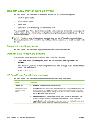 Page 128
Use HP Easy Printer Care Software
HP Easy Printer Care Software is an application that you can use for the following tasks:
●Check the printer status.
● Check supplies status.
● Set up alerts.
● Gain access to troubleshooting and maintenance tools.
You can use HP Easy Printer Care Software when the printer is directly connected to your computer or
when it is connected to a network. You must perform a complete software installation to use HP Easy
Printer Care Software.
NOTE: You do not have to have...