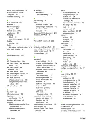 Page 222errors, auto-continuable 29
European Union, waste
disposal 203
extended warranty 191
F
FCC statement 200
features 3
file directory page
printing 110
Finnish laser safety
statement 207
first page
blank 90
use different paper 49,  89
font list
printing 111
fonts
EPS files, troubleshooting 175
front door, locating 5
G
grayscale printing 104
H
HP Customer Care 190
HP Easy Printer Care Software
using 116
HP Easy Printer Care
software 42
HP fraud hotline 122
HP Jetdirect print servers 58
HP SupportPack 191
HP...