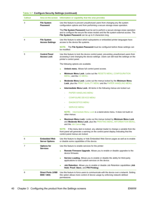 Page 50CalloutArea on the screenInformation or capability that the area provides
3File System
PasswordUse this feature to prevent unauthorized users from changing any file system
configuration options and from performing a secure storage erase operation.
The File System Password must be set to perform a secure storage erase operation
and to configure the secure file erase modes and the file system external access. The
File System Password can be up to 8 characters long.
4File System
Access SettingsUse this...