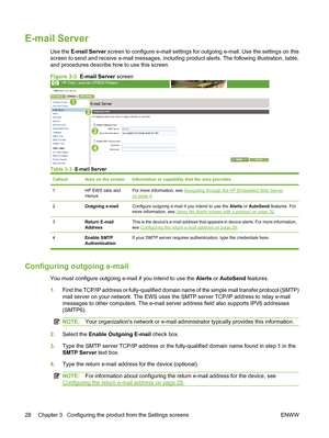 Page 38E-mail Server
Use the E-mail Server screen to configure e-mail settings for outgoing e-mail. Use the settings on this
screen to send and receive e-mail messages, including product alerts. The following illustration, table,
and procedures describe how to use this screen.
Figure 3-3  E-mail Server screen
1
2
3
4
Table 3-3  E-mail Server
CalloutArea on the screenInformation or capability that the area provides
1HP EWS tabs and
menusFor more information, see Navigating through the HP Embedded Web Serveron...