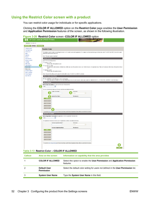 Page 62Using the Restrict Color screen with a product
You can restrict color usage for individuals or for specific applications.
Clicking the COLOR IF ALLOWED option on the Restrict Color page enables the User Permission
and Application Permission features of the screen, as shown in the following illustration.
Figure 3-20  Restrict Color screen -COLOR IF ALLOWED option
1
2
34
5
6
7
8
Table 3-13  Restrict Color – COLOR IF ALLOWED
CalloutArea on the screenInformation or capability that the area provides
1COLOR IF...