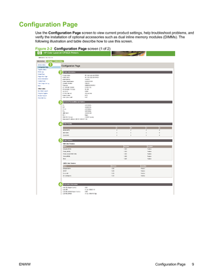 Page 19Configuration Page
Use the Configuration Page screen to view current product settings, help troubleshoot problems, and
verify the installation of optional accessories such as dual inline memory modules (DIMMs). The
following illustration and table describe how to use this screen.
Figure 2-2  Configuration Page screen (1 of 2)
1
2
3
4
5
6
ENWWConfiguration Page 9
 