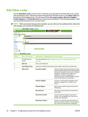 Page 52Edit Other Links
Use the Edit Other Links screen to add or customize up to five links to the Web sites of your choice
(see the following note). These links appear throughout the HP EWS screens in the Other Links box
beneath the left navigational bar. Four permanent links (hp instant support, Shop for Supplies,
Product Support, and Show Me How) have already been established. The following illustration, table,
and procedures describe how to use this screen.
NOTE:With a permanent storage device installed,...