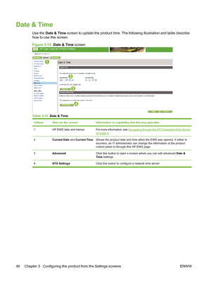 Page 56Date & Time
Use the Date & Time screen to update the product time. The following illustration and table describe
how to use this screen.
Figure 3-15  Date & Time screen
1
2
3
4
Table 3-10  Date & Time
CalloutArea on the screenInformation or capability that the area provides
1HP EWS tabs and menusFor more information, see Navigating through the HP Embedded Web Server
on page 4.
2Current Date and Current TimeShows the product date and time when the EWS was opened. If either is
incorrect, an IT...