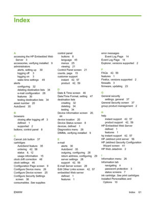 Page 71Index
A
accessing the HP Embedded Web
Server 3
accessories, verifying installed 9
administrators
alerts, setting up  30
logging off  3
logging on  3
wake time settings  49
alerts
configuring 32
deleting destination lists 34
e-mail configuration 28
features 30
testing destination lists 34
asset number 20
AutoSend 35
B
browsers
closing after logging off 3
defined 1
supported 2
buttons, control panel 8
C
Cancel Job button 37
cartridges
AutoSend feature 35
ordering 42,  58
status 8,  12
usage information 15...