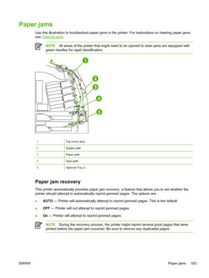 Page 199
Paper jams
Use this illustration to troubleshoot paper jams in the printer. For instructions on clearing paper jams,
see 
Clearing jams.
NOTEAll areas of the printer that might need to be opened to clear jams are equipped with
green handles for rapid identification.
1Top cover area
2Duplex path
3Paper path
4Input path
5Optional Tray 3
Paper jam recovery
This printer automatically provides paper jam recovery, a feature that allows you to set whether the
printer should attempt to automatically reprint...