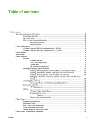 Page 7
Table of contents
1  Printer basicsQuick access to printer information ........................................................................................... ........... 2
World Wide Web links ..........................................................................................................  2
User guide links .............................................................................................................. ..... 2
Where to look for more information...