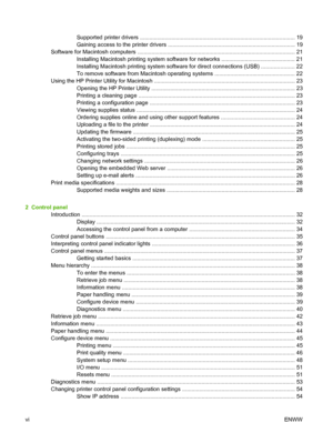 Page 8
Supported printer drivers ................................................................................................... 19
Gaining access to the printer drivers ................................................................................. 19
Software for Macintosh computers .............................................................................................. ....... 21
Installing Macintosh printing system software for networks ............................................... 21...