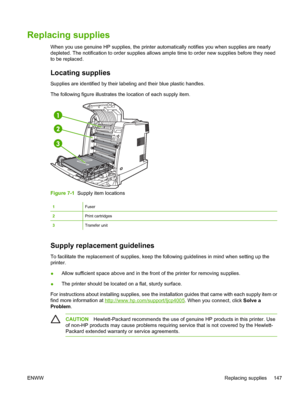 Page 163
Replacing supplies
When you use genuine HP supplies, the printer automatically notifies you when supplies are nearly
depleted. The notification to order supplies allows ample time to order new supplies before they need
to be replaced.
Locating supplies
Supplies are identified by their labeling and their blue plastic handles.
The following figure illustrates the location of each supply item.
Figure 7-1  Supply item locations
1Fuser
2Print cartridges
3Transfer unit
Supply replacement guidelines
To...