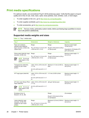 Page 44
Print media specifications
For optimum results, use conventional 75 g/m2 (20 lb) photocopy paper. Verify that the paper is of good
quality and is free of cuts, nicks, tears, spots, loose particles, dust, wrinkles, curls, or bent edges.
● To order supplies in the U.S., go to 
http://www.hp.com/go/ljsupplies
.
● To order supplies worldwide, go to 
http://www.hp.com/ghp/buyonline.html
.
● To order accessories, go to 
http://www.hp.com/go/accessories
.
NOTETest any media, particularly custom media, before...