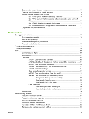 Page 11Determine the current firmware version ........................................................................... 170
Download new firmware from the HP Web site ............................................................... 170
Transfer the new firmware to the product ........................................................................ 170Use FTP to upload the firmware through a browser ....................................... 170
Use FTP to upgrade the firmware on a network connection using...