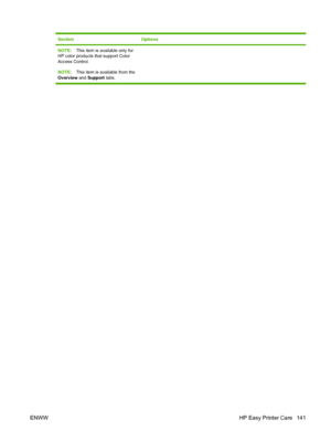 Page 155SectionOptions
NOTE:This item is available only for
HP color products that support Color
Access Control.
NOTE: This item is available from the
Overview  and Support  tabs.
ENWW HP Easy Printer Care 141
 