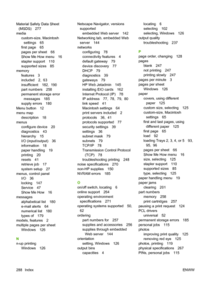 Page 302Material Safety Data Sheet(MSDS) 277
media custom-size, Macintosh
settings 65
first page 65
pages per sheet 66
Show Me How menu 16
stapler support 110
supported sizes 85
memory features 3
included 2,  63
insufficient 182,  190
part numbers 258
permanent storage errormessages 185
supply errors 180
Menu button 12
menu map description 18
menus
configure device 20
diagnostics 43
hierarchy 15
I/O (input/output) 36
information 18
paper handling 19
printing 20
resets 41
retrieve job 17
system setup 27
menus,...